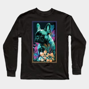 French Bulldog Dog Vibrant Tropical Flower Tall Digital Oil Painting Portrait 3 Long Sleeve T-Shirt